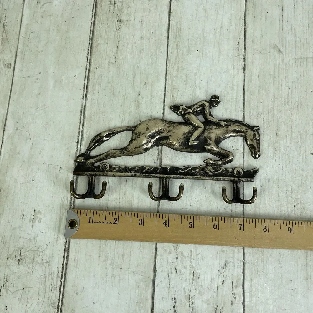 Vintage Brass Horse Rider Wall Hanger Key 6 Hooks
